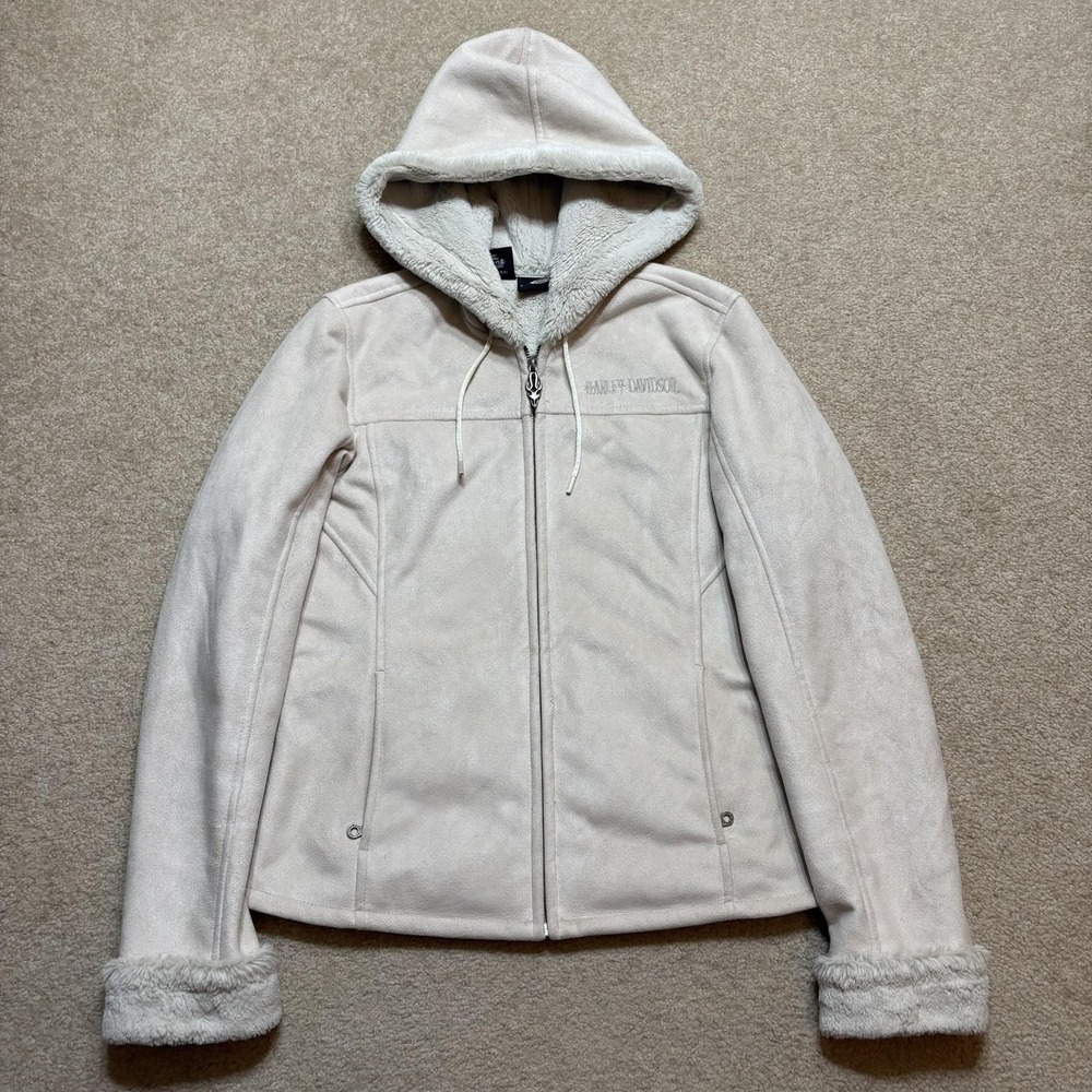 Harley-Davidson Faux Shearling Jacket Womens Medium Beige Hooded Tribal Skull